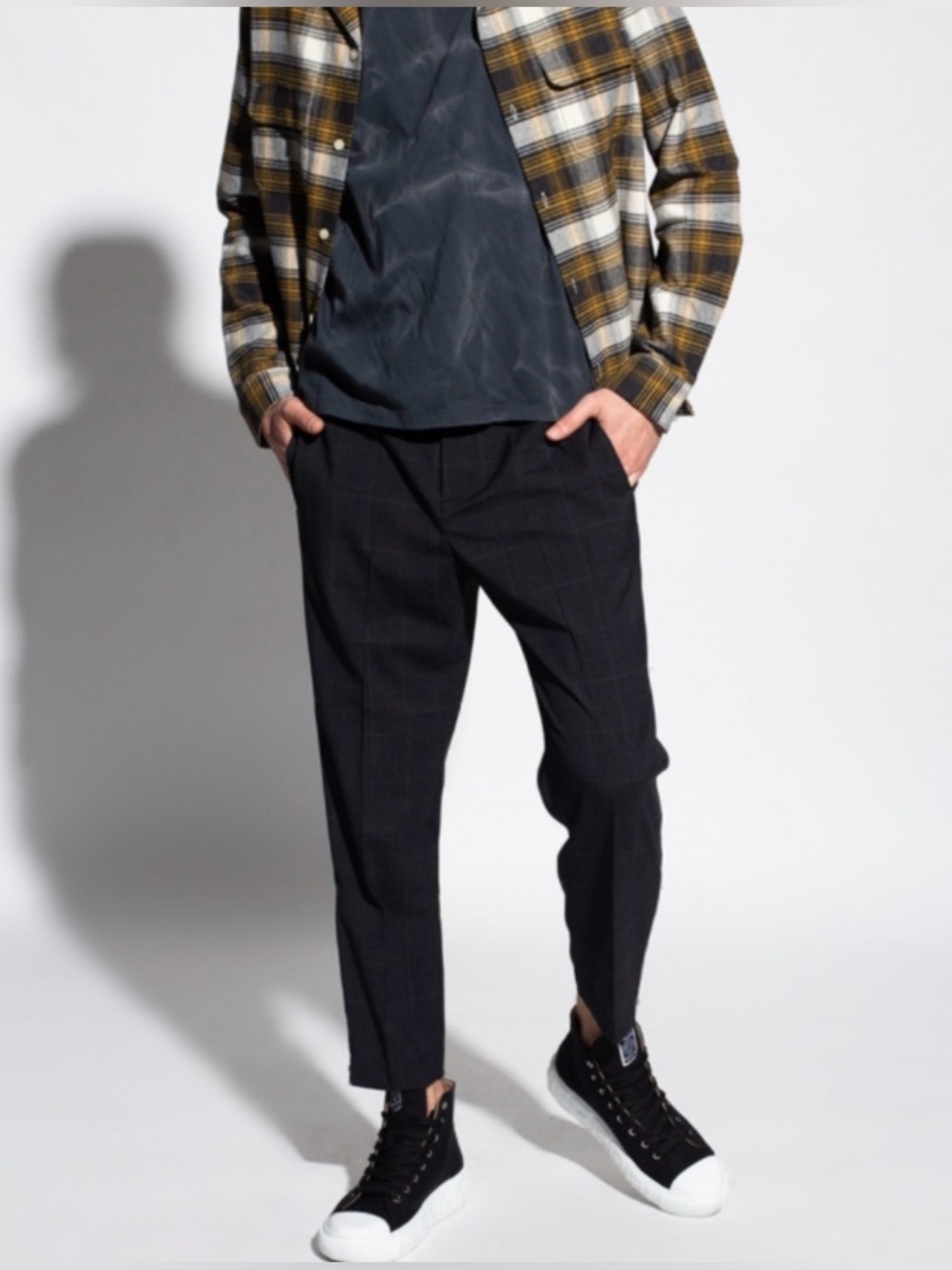 AllSaints Garth Trouser, Charcoal Black Plaid Tartan Men’s Pants w/ Zippers, 28